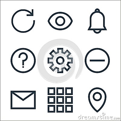 basic ui line icons. linear set. quality vector line set such as pin, menu, email, minus, settings, help, notification bell, view Vector Illustration