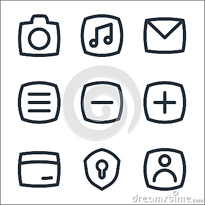 Basic ui line icons. linear set. quality vector line set such as user, security, card, add, minus, open menu, email, music Vector Illustration