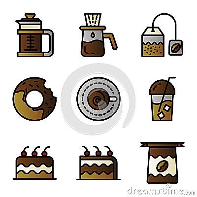 Basic vector coffee icon include coffee, drink, press, french, dipper, drip, bag, fresh, cake, dessert, donuts, food, cappuccino, Vector Illustration