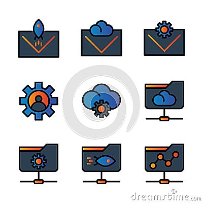 Basic vector search engine optimization icon include email, envelope, rocket, cloud, setting, gear, user, folder network, share Vector Illustration