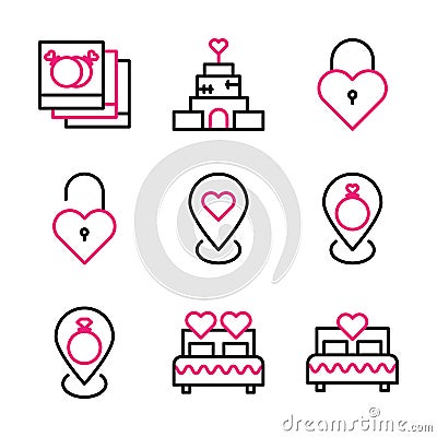 Basic vector wedding icon include photo,house,key,lock,pin,bed Vector Illustration