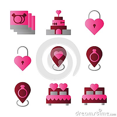 Basic vector wedding icon include photo,house,key,lock,pin,bed Vector Illustration