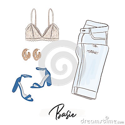 Basic woman collection: bralette, jeans, earrings, high heels. Glamour fashion flatlay. Clothing store elements. Casual Vector Illustration