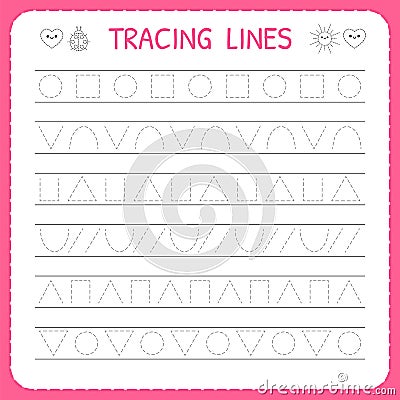 Basic writing. Trace line worksheet for kids. Preschool or kindergarten worksheet. Working pages for children Vector Illustration