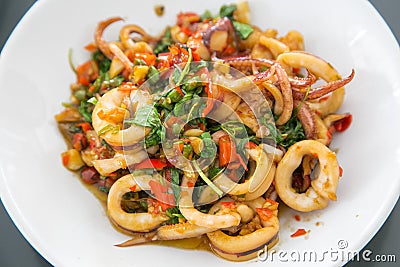 Basil Fried squid food Stock Photo