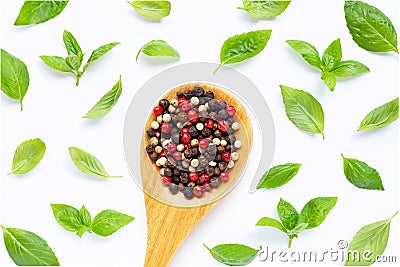Basil with red, white and black peppercorns with wooden spoon on white Stock Photo
