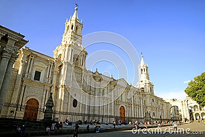 Basilica Cathedral of Arequipa, Spectacular Landmark in the Heart of Arequipa Old City, Peru Editorial Stock Photo