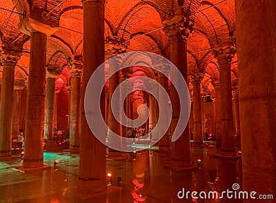 Basilica Cistern Ancient Columns and Modern Sculptures in Istanbul, Turkey. Editorial Stock Photo