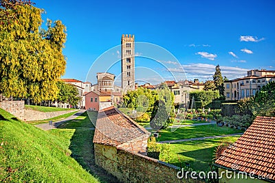 Basilica di San Frediano and gardens of palazzo Pfanner in Lucca.Tuscany, Italy Stock Photo