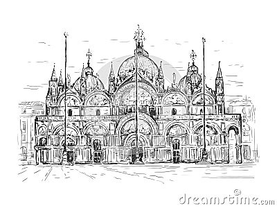 Basilica di San Marco in Venice, Italy. Landmark of Venice. Sketch vector illustration. Black line isolated on white. Vintage Vector Illustration