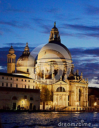 Basilica di Santa Maria della Salute, Venice Italy Illuminated at night Stock Photo