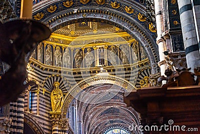 Basilica Mary Statue Saints Golden Dome Cathedral Church Siena Italy. Stock Photo