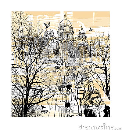 Basilica Sacre Coeur at Montmartre in Paris Vector Illustration