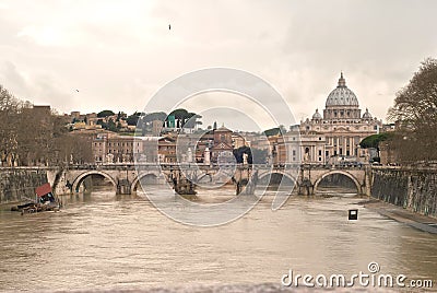 Basilica San Peter. Saint Angel Bridge and Tiber River Stock Photo