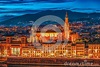 Basilica of Santa Croce Basilica di Santa Croce di Firenze on Holy Cross Square Piazza di Santa Croce in Florence. Night Stock Photo