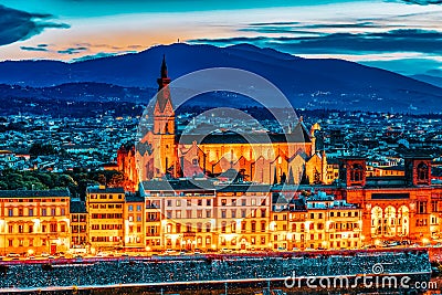 Basilica of Santa Croce Basilica di Santa Croce di Firenze on Holy Cross Square Piazza di Santa Croce in Florence. Night Stock Photo