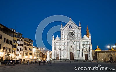 Basilica Santa Croce in Florence At Night Editorial Stock Photo