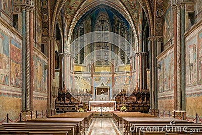 Basilica of St Francis in Assisi, Italy, interior, nave and apse Editorial Stock Photo