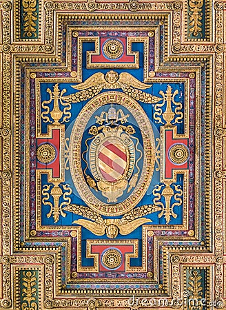 Pope Pius V coat of arms in the ceiling of the Basilica of Santa Maria in Ara Coeli, in Rome, Italy. Editorial Stock Photo