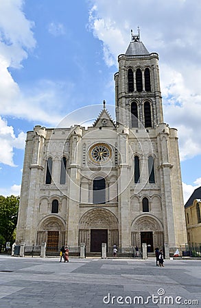 Basilique Royale de Saint-Denis or Basilica of Saint Denis, west facade. Paris, France. Editorial Stock Photo