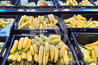 Basingstoke, UK - August 7 2017: Bananas for sale in a supermarket fruit section Editorial Stock Photo