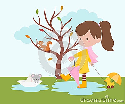 Girl walking in the Rain, with mouse and toy duck vector illustration Vector Illustration