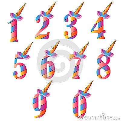 Numbers With Cute Unicorns Character Vector Set for Kids Birthday Party invitation, greeting card and cake toppers design. Vector Illustration