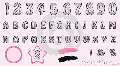 Cute polka dots 3D english alphabet letters and number set. Vector LOL girly doll surprise style. Happy birthday banner text with Vector Illustration