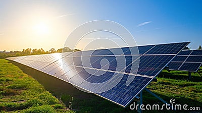 Harmony of Progress: Solar Farm in Clear Blue Skies Stock Photo