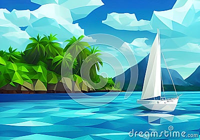 Illustration of a Sailboat and Palm-Fringed Island Paradise with Crystal-Clear Blue Waters and Lush Green Palm Trees Cartoon Illustration