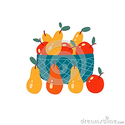 Basket with apples and pears isolated on white. Fresh ripe fruits in containers. Vector Illustration