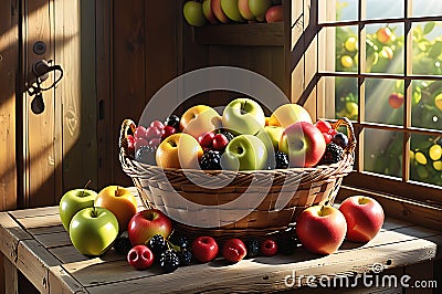 Basket of Assorted Organic Fruits Placed on a Rustic Wooden Table - Sunlight Filtering Through a Nearby Window Stock Photo