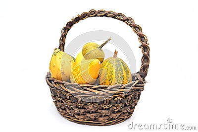 Pumpkins basket with vegetables on light background Stock Photo