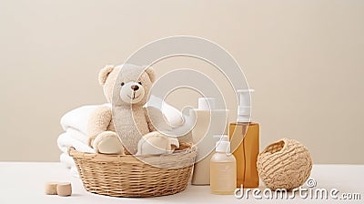 a basket and a bear and Accessories for bathing a child in light colors Stock Photo