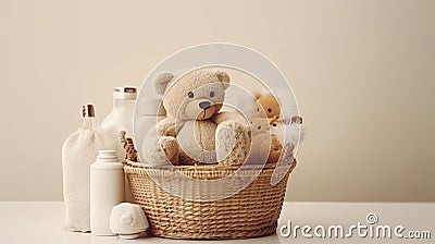 a basket and a bear and Accessories for bathing a child in light colors Stock Photo