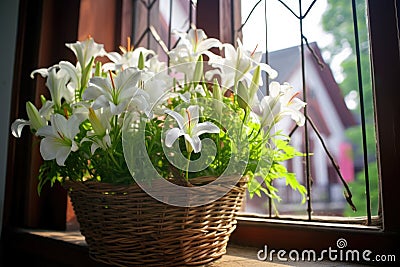 basket of blooming lilies placed near a church window Stock Photo