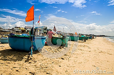 Basket boats idle on the beach at Phuoc Hai village, Ba Ria Vung Tau province, Vietnam Editorial Stock Photo