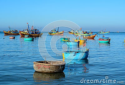 Basket boats on the sea in Vung Tau, Vietnam Editorial Stock Photo
