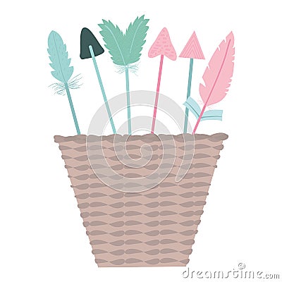 Basket with bohemian arrows and feathers Vector Illustration