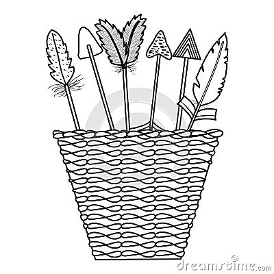Basket with bohemian arrows and feathers Vector Illustration