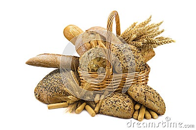 Basket with a bread assortment isolated on white Stock Photo