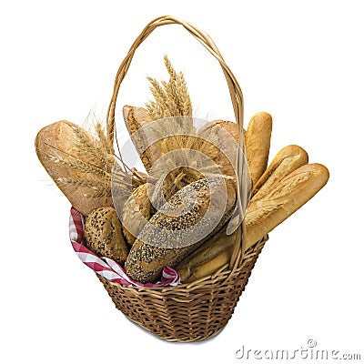 Basket with a bread assortment isolated on white Stock Photo