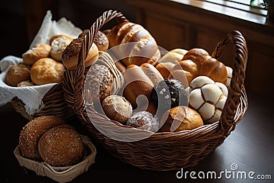 basket of breads, rolls and buns baked by an artisan baker Stock Photo