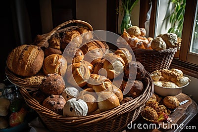 basket of breads, rolls and buns baked by an artisan baker Stock Photo