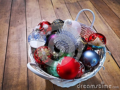 Basket with Christmas balloons various colorful Stock Photo