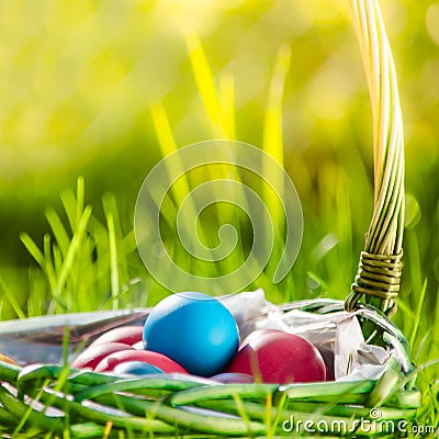 Basket of colorful Easter eggs on green grass Stock Photo