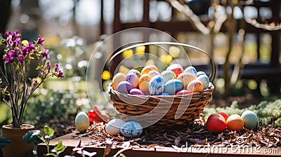 Basket of colorful Easter eggs in sunny garden, Easter eggs hunting concept Stock Photo