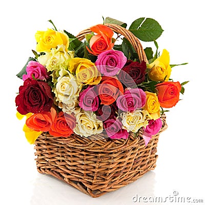 Basket with colorful roses Stock Photo