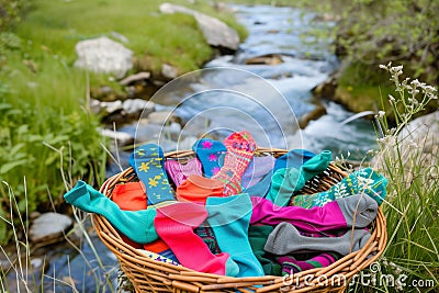 basket of colorful socks and undergarments by a gentle spring Stock Photo