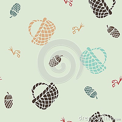 Basket, cone, berries. Creative autumn seamless pattern. Vector Illustration